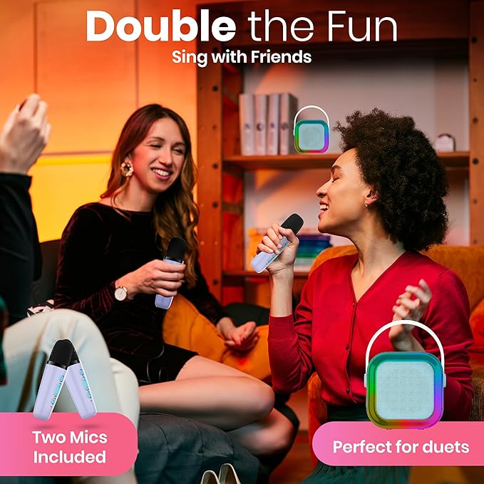 Mini Karaoke Machine for Adults Kids Teen with 2 Wireless Microphones, Birthday Gift Girls 8-12, Toys for Ages 5-7, Small Portable Bluetooth Speaker, Mini Microphone, Teens Car Singing Mic