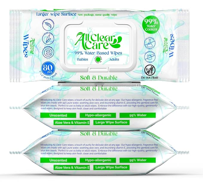 All Clear Care Baby Wipes, Unscented Wipes for Sensitive Skin, Large Soft Durable & 99% Water Based, Gentle & Hypoallergenic for Babies & Adults, Vitamin E and Aloe, Flip Top Lid, 3 Pack (240 Wipes)