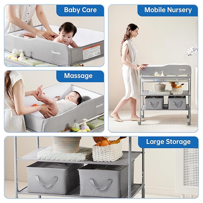 Sweeby Portable Baby Changing Table, Non-Foldable Changing Table Dresser Changing Station for Infant, Waterproof Pad Topper, Mobile Nursery Organizer for Newborn Essentials, Gray, Classic