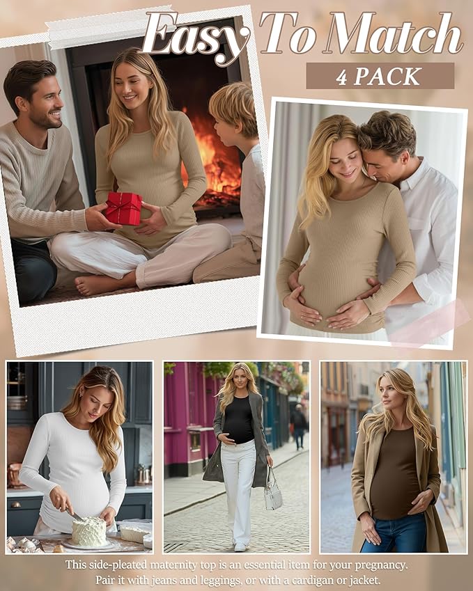 Huukeay 4 Pack Women's Maternity Shirts, Long Sleeve Cotton Ribbed Pregnancy Tops Side Ruched Crew Neck Casual Mama Clothes