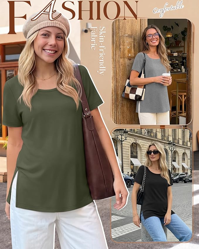 3 Pack Women's Maternity Shirts Short Sleeve Round Neck Side Split Pregnancy Tops Loose Summer Casual Mama Clothes