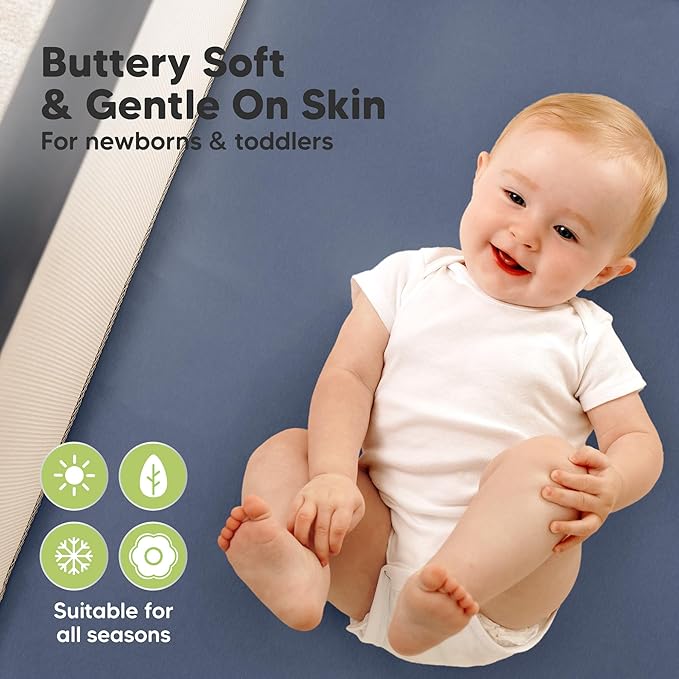 2-Pack Waterproof Pack and Play Sheets, Mini Crib Sheets Fitted for Boy, Girl - 38 x 26 Viscose from Bamboo Pack N Play Mattress Sheets for Graco, Toddler Playard Baby Crib Sheets Neutral(Maritime)