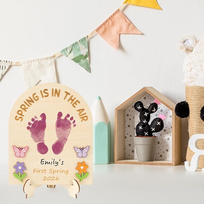 R HORSE 3D Baby's First Spring DIY Footprint or Handprint Art Sign, Spring is in The Air Wooden Hanging Decoration, Newborn Keepsake Craft Gift for Unisex Baby 1st Birthday Baby Shower Photo Prop