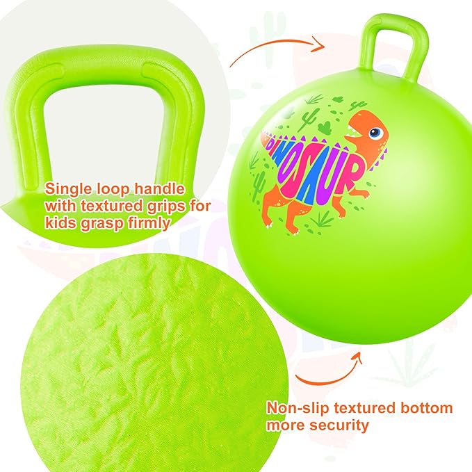 ZOOJOY Hopper Ball for Kids Aged 3-8, 18In Bouncy Balls with Handle, Green Dinosaur Hoppity Hop Ball with Pump, Indoor Outdoor Inflatable Jumping Hopping Toys for Boys Girls Girls