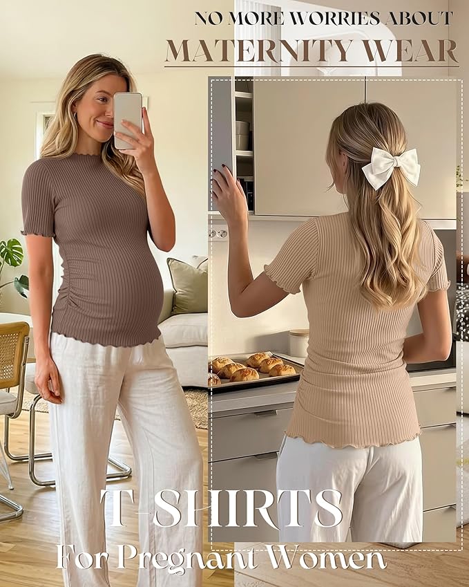 3 Pack Women's Maternity Tops Short Sleeve Ribbed Knit Maternity Shirts Crew Neck Side Ruched Pregnancy Clothes