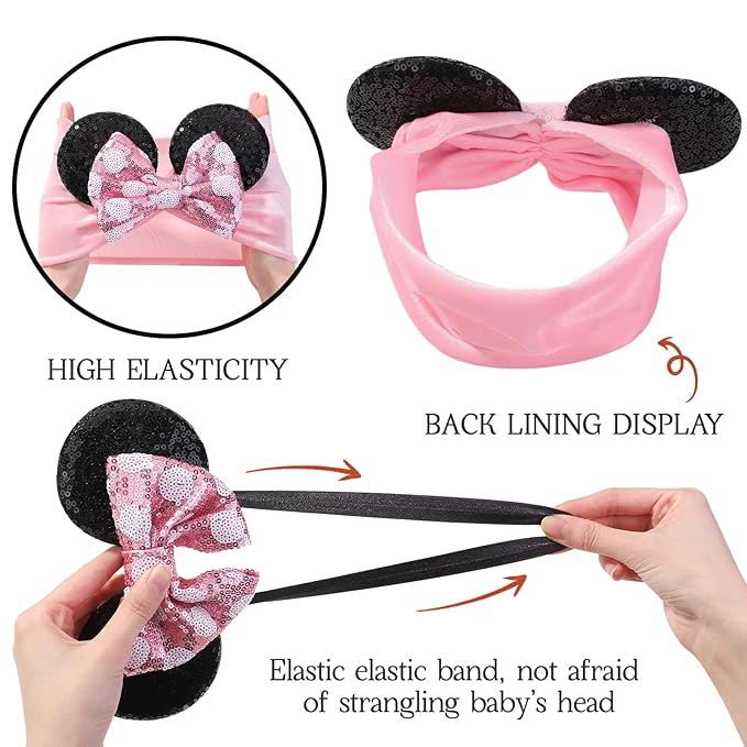 choicbaby Baby Girl Headbands Mouse Ears Headwrap with Sequin Polka Dot Bow Soft Stretchy Nylon Hair Bands for Newborn Infant Baby Toddler Girls- Pack of 2