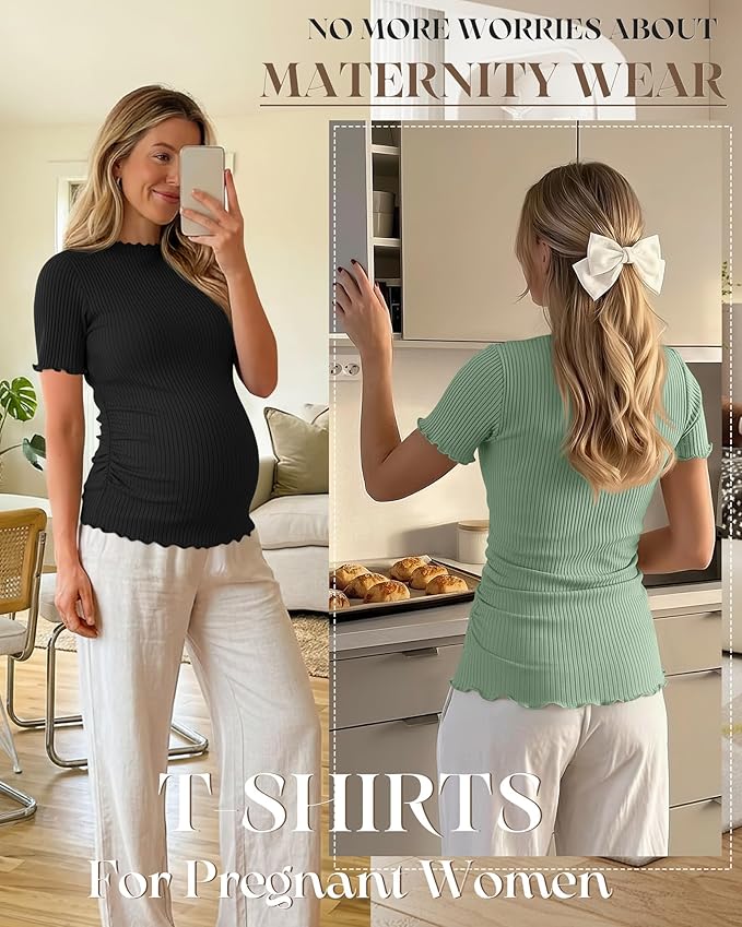 3 Pack Women's Maternity Tops Short Sleeve Ribbed Knit Maternity Shirts Crew Neck Side Ruched Pregnancy Clothes