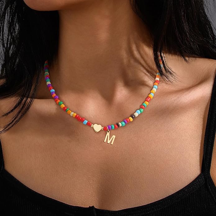 Valentines Day Gifts for Kids Women Girls - Colorful Beaded Initial Necklace Teen Girls Trendy Stuff Dainty Letter Choker Necklace Valentines Day Gifts for Her Mom Wife Jewelry