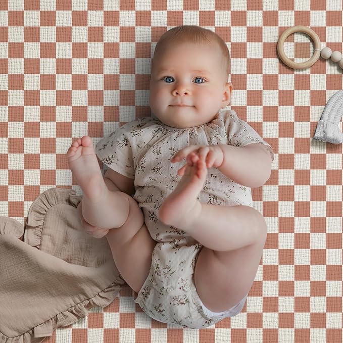 Blissful Diary Muslin Mini Crib Sheets, Pack and Play Mattress Sheets Fitted for Pack N Play, Soft Cotton for Boys Girls, 2 Pack(Brown Checkboard & Brown)