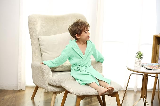 Organic Cotton Toddler Bathrobe, Soft and Breathable Baby Robe for Kid, Boy& Girl Hooded Robe Muslin