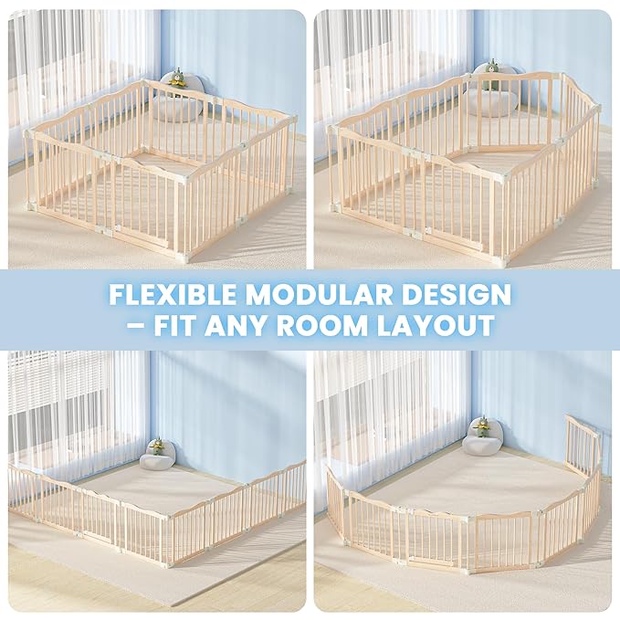 Foldable Wooden Playpen - Adjustable Wood Baby Play Yard with Child-Proof Lock, Indoor Large Safety Fence for Babies and Toddlers - Easy Assembly, 55 x 55 x 24 inches, Nature Nest