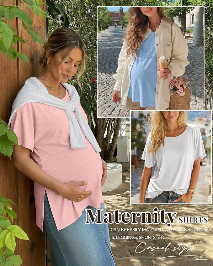 Riyiper 3 Pack Women's Maternity Tunic Shirts Cotton Summer Pregnancy Clothes Loose Oversized Split Side Blouse Tops