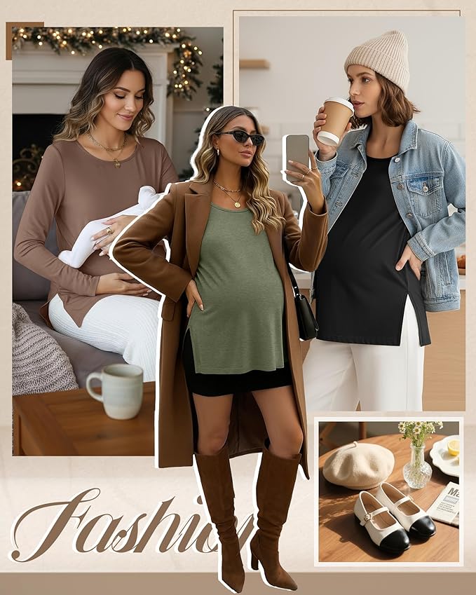Riyiper 3 Pack Women's Maternity Long Sleeve T-Shirts Round Neck Side Split Tops Loose Casual Pregnancy Mama Clothes Fall