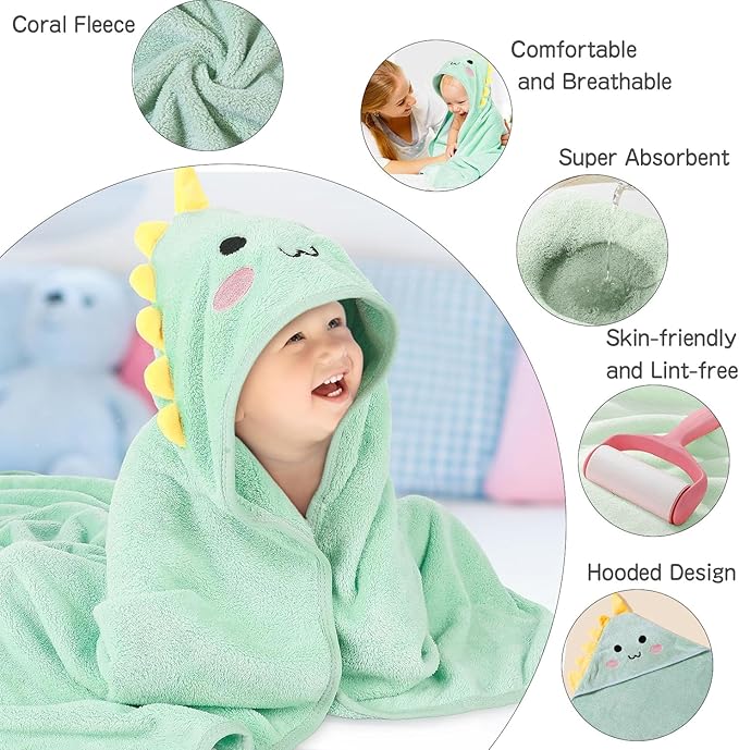 12 PCS Hooded Baby Towel Set, 32x32 Inch Absorbent Baby Bath Towels, 3 PCS Soft Hooded Towels & 9 PCS Washcloths, Unisex Baby Gift Set for Newborns, Babies, Toddlers (Green + Gray + White)