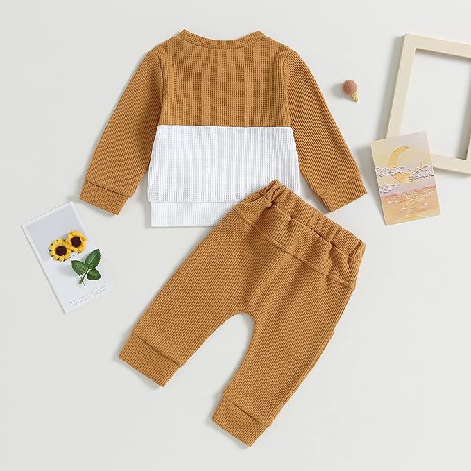 Toddler Baby Boy Fall Outfit Long Sleeve Crew Neck Contrast Color Sweatshirt Top Pant Cute Newborn Infant Waffle Clothes