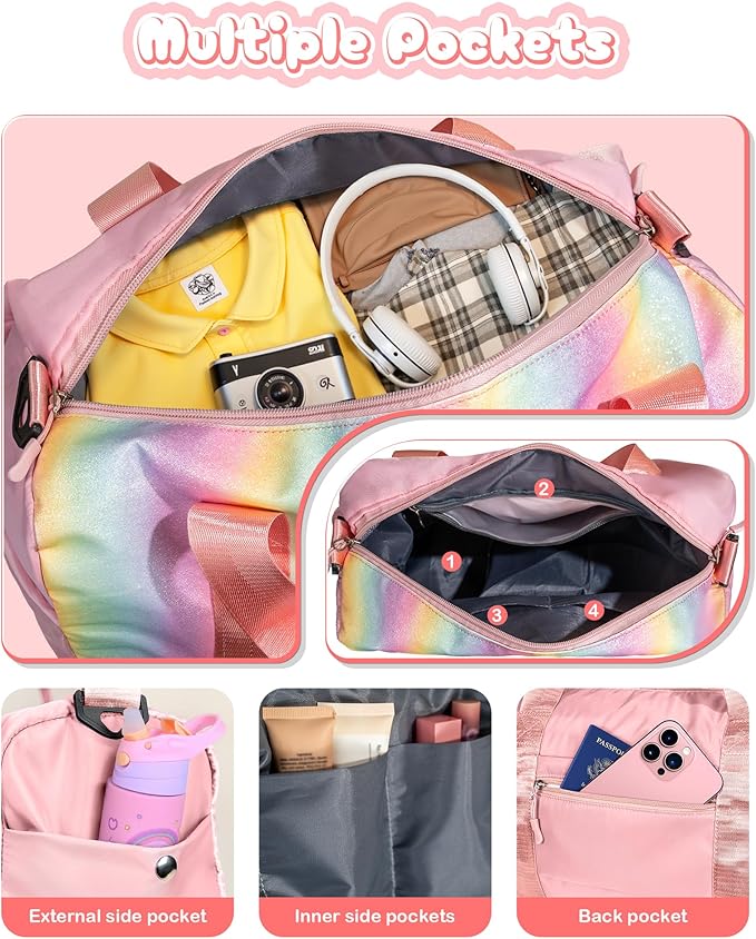 Gifts for Grandkids-Girl Gym Bag with Shoe Compartment, Kid Personalized Weekender Overnight Bags, Initial Travel Tote with Makeup Pouch, Gift for Girls (Letter R)