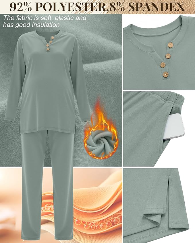 2 Piece Thermal Maternity Lounge Set Postpartum Pregnancy Fleece Loungewear Long Sleeve Top and Wide Leg Pant