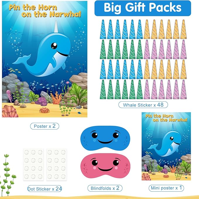 NEBURORA 2 Pack Pin The Horn on The Narwhal Party Game 2 Large 21"x 28" Posters with 48pcs Stickers Ocean-themed Birthday Party Supplies Decorations for Kids Boys Classroom Game Wall Home Decor