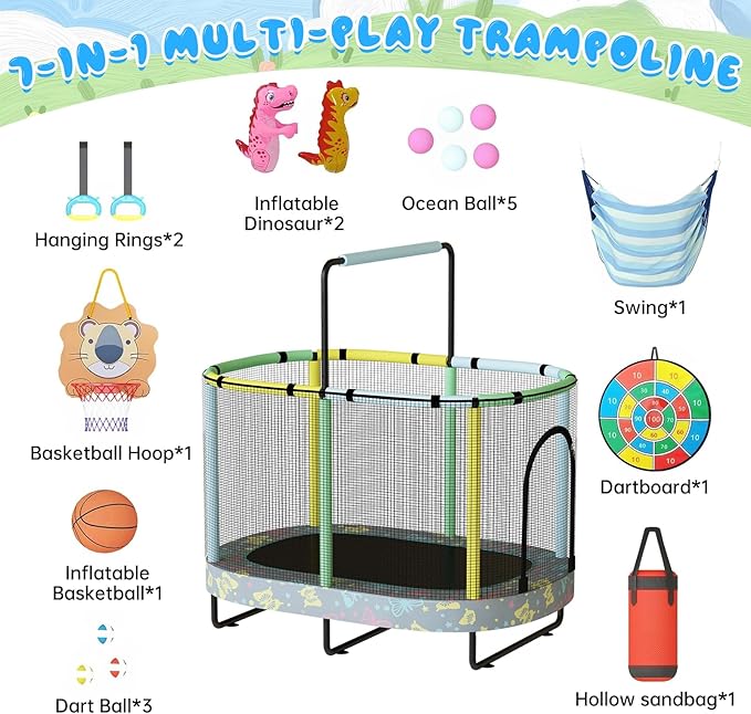 LAMERGE 55" 7-in-1 Round Trampoline for Kids Boys & Girls Ages 1-8, Indoor & Outdoor Trampoline for Fun, Adjustable Height Handrail ＆ Enclosed Safety Net ＆ Durable Designs for Toddlers Children