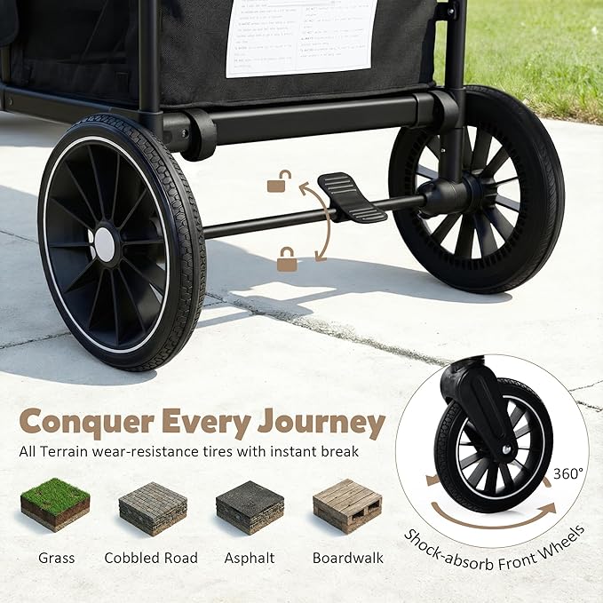 Wagon Stroller for 2 Kids, All-Terrain Stroller Wagon, Foldable Kids Wagon Cart Featuring with Harnesses, Adjustable Double Push Handle, Removable Canopy, Snack Tray, Large Storage Bag, Black