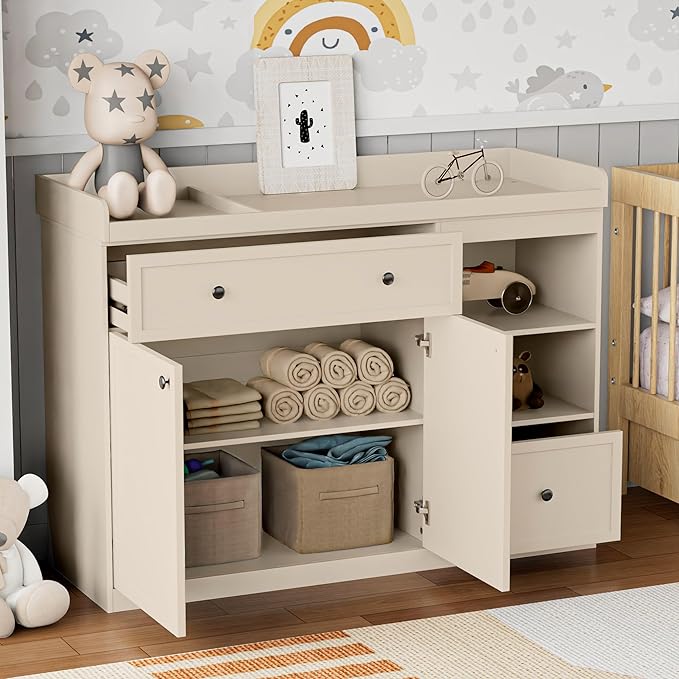 UbabyNest Wide Baby Changing Table Dresser with 2 Doors, 2 Different Size Drawer&Storage Cubbies, Durable Wood Construction, Built-in Shelves of Ample Storage for Nursery (Beige)