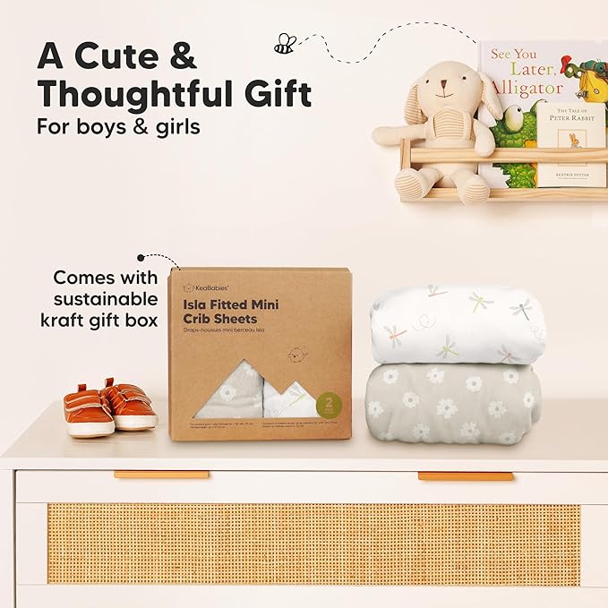 Pack and Play Sheets Fitted - 2-Pack Mini Crib Sheets for Pack N Play Mattress 38x26, Soft & Cozy, Neutral Toddler Playard Bedding, Snug Fitted Mini Baby Crib Mattress Cover Boy, Girl (Meadow)