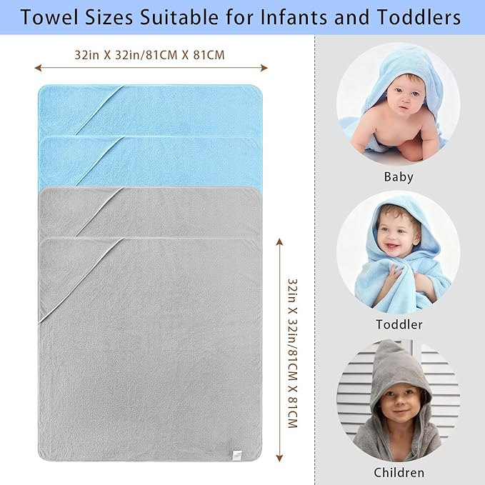 4 Pack Hooded Baby Towels, 32x32 Inch Absorbent Bath Towels, Soft Coral Fleece Hooded Towel for Newborns, Infants, and Toddlers – Baby Bath Essentials (2X Light Gray + 2X Sky Blue)