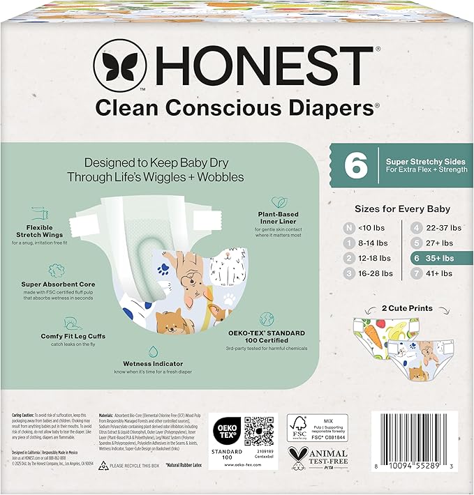 The Honest Company Comfort Dry Disposable Diapers for Sensitive Skin, Hypoallergenic, Fragrance-Free, So Delish + It's a Pawty, Club Box, Size 6 (35 lbs), 40 Count