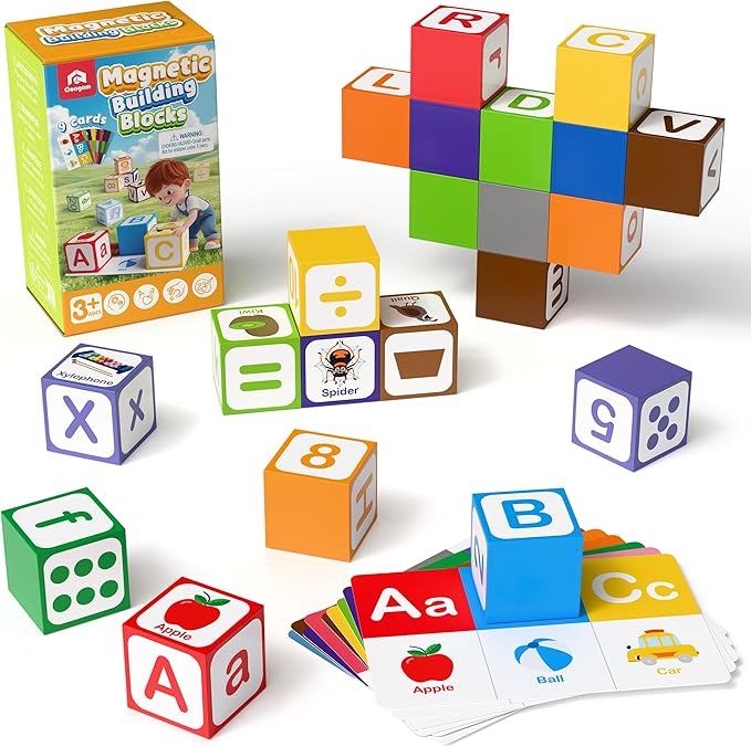 Coogam Magnetic Alphabet Blocks for Learning Numbers, Letters, Shapes, Magnet Construction Game & Toddlers Building Cube, Educational Stem Montessori Sensory Toy Gift for 3 4 5 Year Old