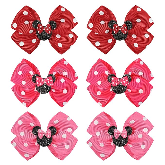 Baby Hair Accessory Set: 6 Piece Mouse Ear Bows and Clips for Girls, Women - Birthday, Party, or Everyday Wear