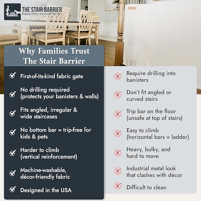 The Stair Barrier First Fabric Banister to Banister Baby Gates for Stairs 42”–52” Wide x 32” Tall– No Drill Baby Gate for Top or Bottom Staircase, Machine-Washable Climb Proof, Designed in USA, Cream
