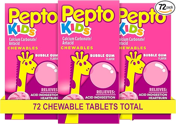 Pepto Kids Bubblegum Antacid Tablets Chewable, Upset Stomach Relief for Kids, Heartburn Relief, Acid Indigestion and Sour Stomach Relief, 72 Chewable Tablets (3x24 ct)