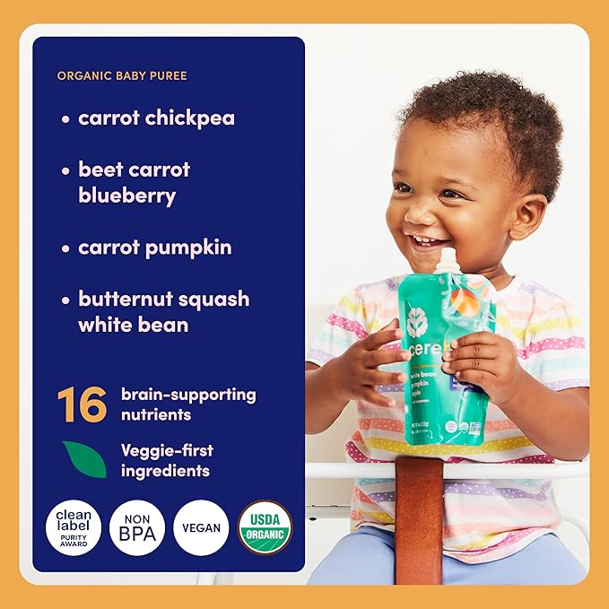 Cerebelly Organic Baby Food Pouches, Hearty Veggie Purees, 16 Nutrients, No Added Sugar, Non-GMO, Toddler Snacks, 4 Flavors, 4oz, 8 Pack