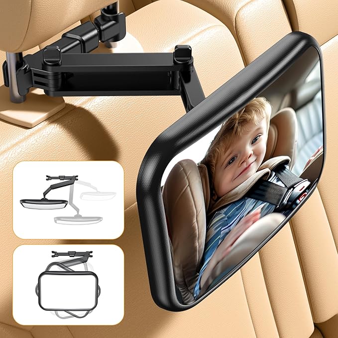 OMOTON Baby Car Mirror, Safety Car Mirror with Retractable Arm & Wide Crystal Rearview for Backseat, 360° Adjustable & Shatterproof, Easy Install Baby Essentials