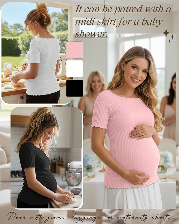 3 Pack Women's Maternity Ribbed Shirts Cotton Short Sleeve Pregnancy Tops Boat Neck Lettuce Trim Mama Clothes