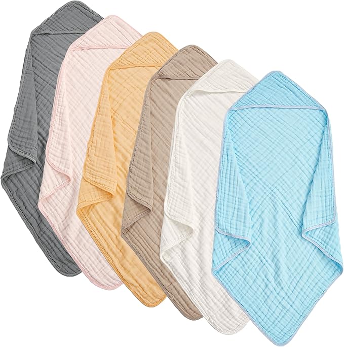 Muslin Hooded Baby Towels 6 Pack - 32x32 Inches, Premium 6-Layer 100% Cotton Extra Soft Absorbent Bath Towels for Infant, Newborn Gift Set (6 Pure Colors)