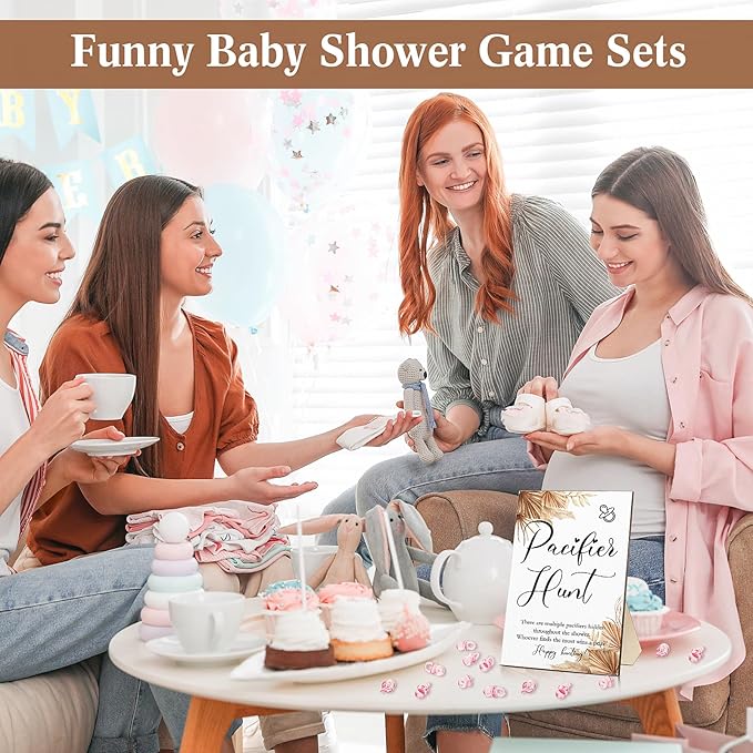 Roowest 51 Pcs Pacifier Hunt Baby Shower Games Include Wooden Hunt Sign and 50 Acrylic Mini Plastic Pacifiers for Baby Shower Game Decoration Gift Sets Gender Reveal Party Supplies