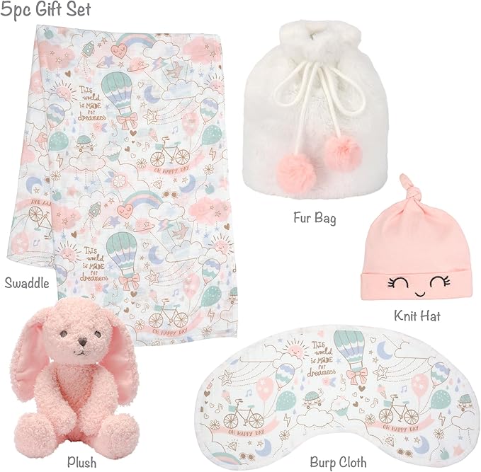 Lambs & Ivy 5 Piece Pink/White Bunny Infant/Newborn Baby Gift Set w/Swaddle