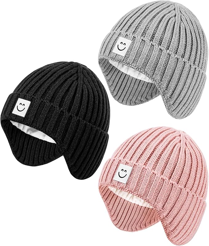 Alepo 3 Pack Baby Beanie Hats with Earflaps, 2 Size Baby Winter Hat for Toddler Kids, Fleece Lined Knit Hat for Girls Boys