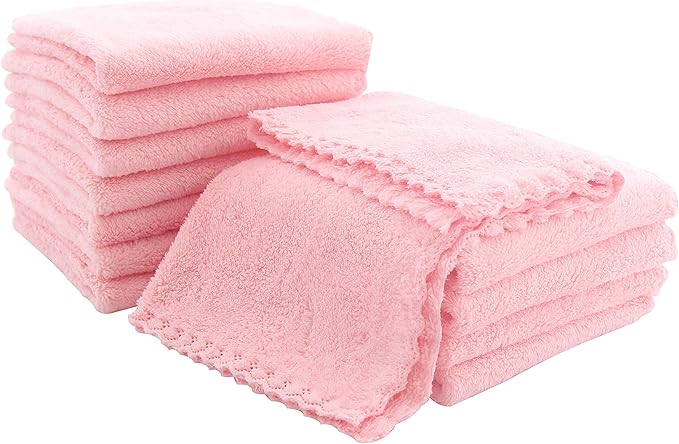 12 Pack Baby Washcloths - Extra Absorbent and Soft Wash Clothes for Newborns, Infants and Toddlers - Suitable for Baby Skin and New Born - Microfiber Coral Fleece 12x12 Inches, Pink
