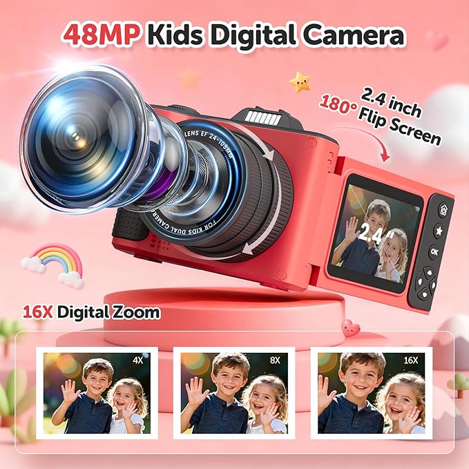 Kids Camera, Christmas Birthday Gifts for Boys Girls Age 3-12,Upgrade HD Flip Digital Video Cameras for Kids, Portable Toys for 3 4 5 6 7 8 9 10 Year Old Childrens with 32GB SD Card-Red