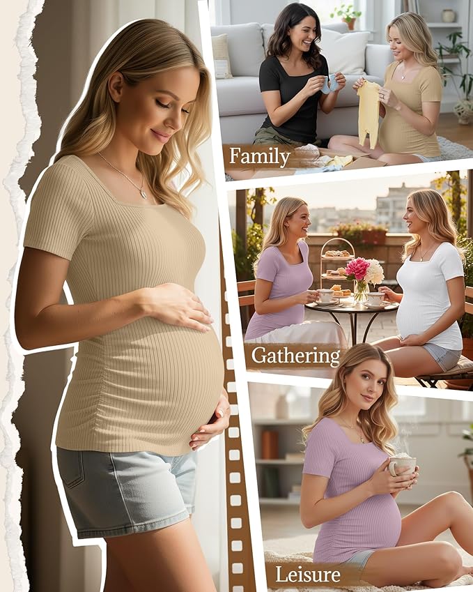Huukeay 4 Pack Women's Maternity Shirts Cotton Ribbed Short Sleeve Square Neck Pregnancy Tops Side Ruched Summer Tee