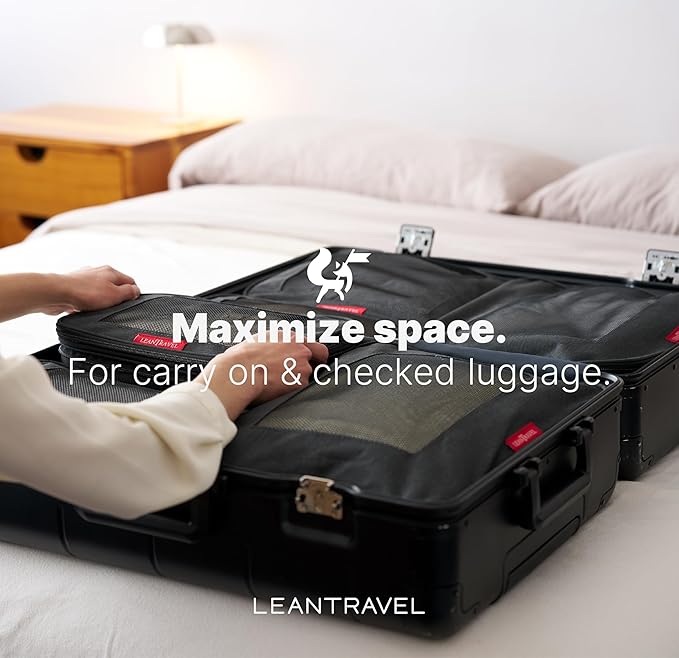 LeanTravel Premium Compression Packing Cubes for Travel - Luggage Organizers with Double Zipper - Sturdy Bags for Suitcase (3-Pack, Black)