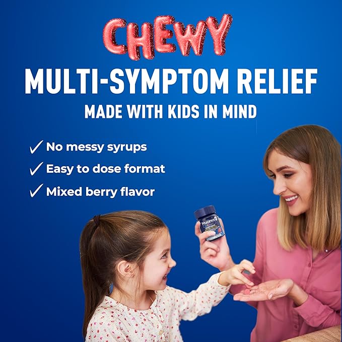 Mucinex Children's Mighty Chews Nighttime Cold and Flu Medicine, Children's Acetaminophen, Dextromethorphan, & Doxylamine Succinate, Kids Cough Medicine, Ages 6+, 16 Medicated Chewable Tablets