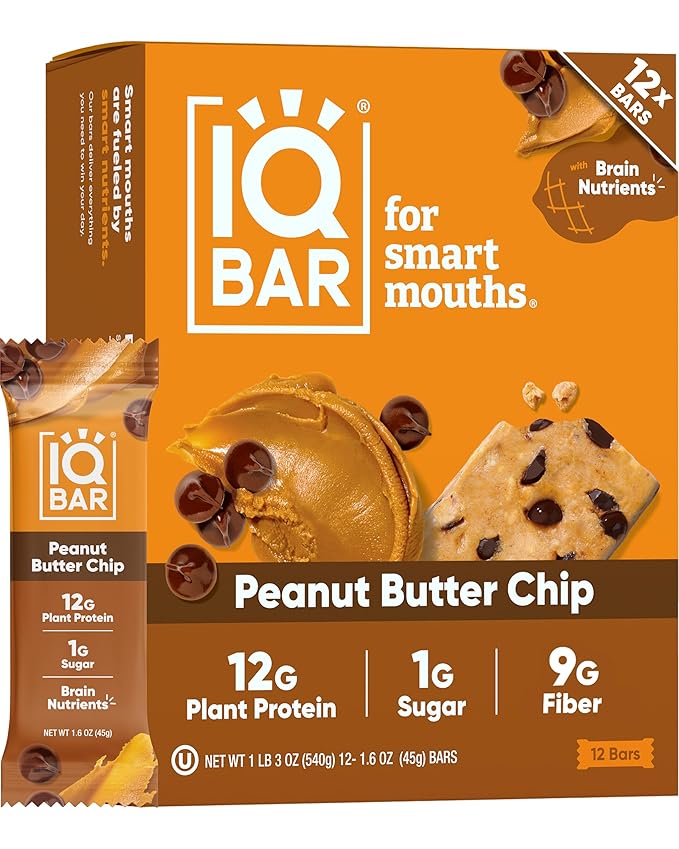 IQBAR Brain and Body Plant Protein Bars - Peanut Butter Chip - 12-Count - Keto, Vegan, Low Carb, High Fiber, Gluten Free, Dairy Free, Low Sugar Snack with Nutrients for Focus, Energy, Meal Replacement