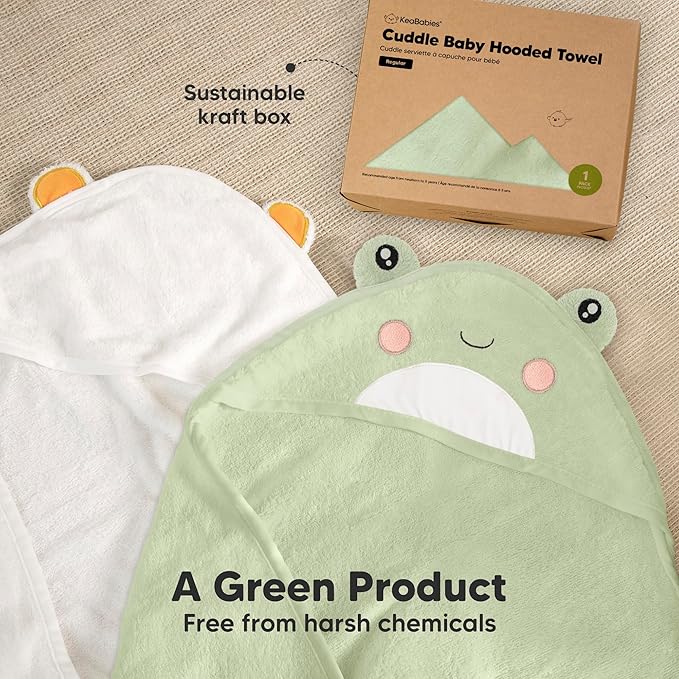 KeaBabies Hooded Baby Towel for Newborn - Viscose Derived from Bamboo Large Baby Bath Towels with Hood for Boys, Girls, Toddler, Extra Absorbent & Soft Newborn Bath Essentials (Frog, Regular)