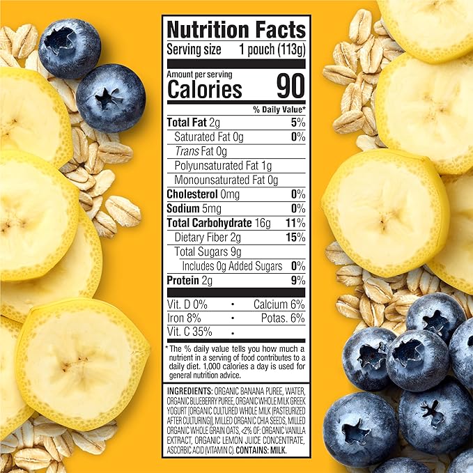 HAPPYTOT Organics Stage 4 Baby Food Pouches, Gluten Free, Super Morning Fruit & Oat Blend, Bananas, Blueberries, Yogurt, Oats & Chia, 4 Oz (Pack of 8)