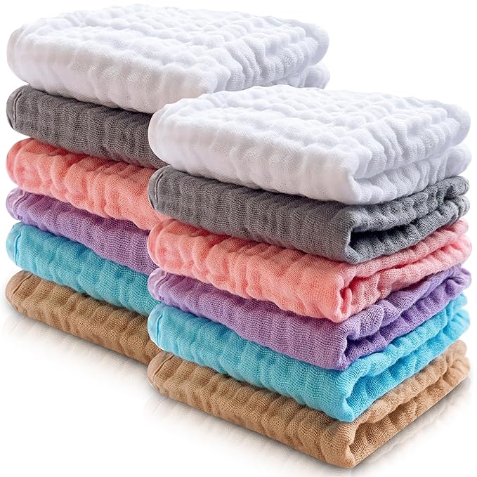 Cute Castle 12 Pack Muslin Baby Washcloths - Large 12'' by 12'' - Ultra Soft 100% Cotton - Super Absorbent Burp Cloths for Unisex, Boy, Girl -Multicolor