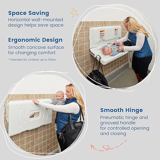 ECR4Kids Horizontal Wall-Mounted Changing Station with 500 Sanitary Liners, Baby Changer, White Granite