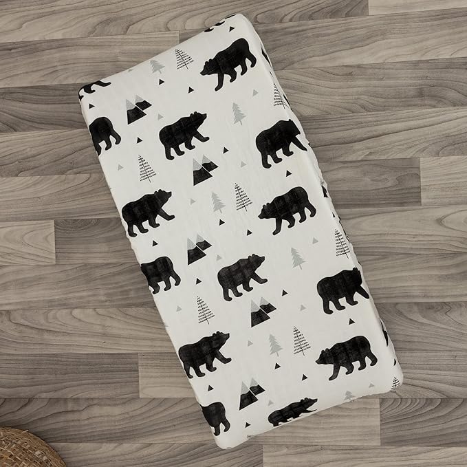 Organic Baby Changing Pad Cover - Muslin Fitted Changing Pad Cover for Boys - Soft and Breathable, Baby Bear Woodland, 16”x32”